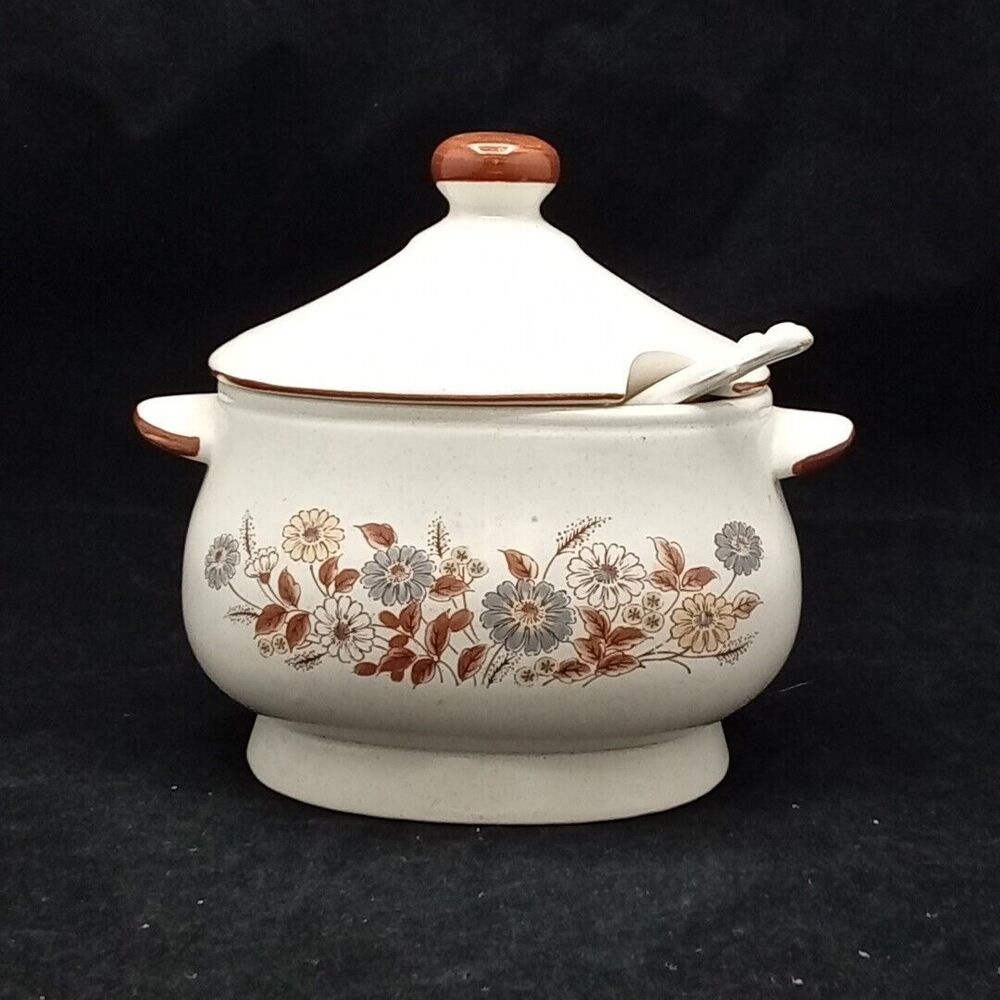 Vintage Floral Small Bean Pot w Ladle Lid Handle Soup Tureen Retro Blue Brown